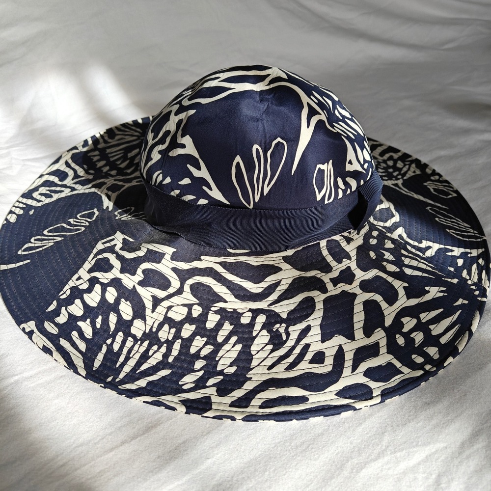 Jaeger London Vintage Navy Blue Abstract Print Wide Brim Sun Hat Made in Britain